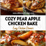 Baked chicken breasts with sliced pears and apples in a maple glaze, served in a rustic dish.